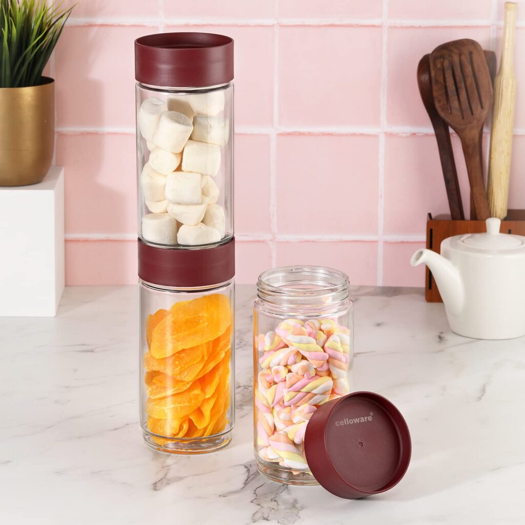 CELLO Modustack Glassy Storage Jar | Glass Jar with Lid | Air Tight Steel Lid and Stackable | For Storage of Food, Pulses, Spice, Cereals, Cookies, Dry Food | Set of 3 | 1000ml, Maroon