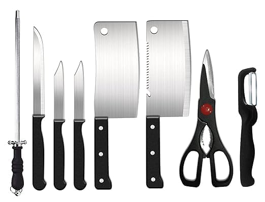 8 in 1 Piece Knife Set Include 3 Vegetable and Fruit Knife,2 Meat Knife,1 Scissor,1 Knife Sharpener and 1 Peeler Set for Kitchen