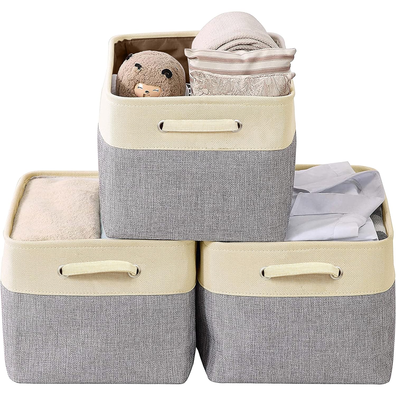 ABOUT SPACE Cupboard Organizer for Clothes – 3 Pack Wardrobe Storage Bins – Underbed Laundry Foldable Bag with Handles for Sarees, Blankets, Comforters, Books & Toys-(L 39 x B 27 x H 22.5 cm,Grey)