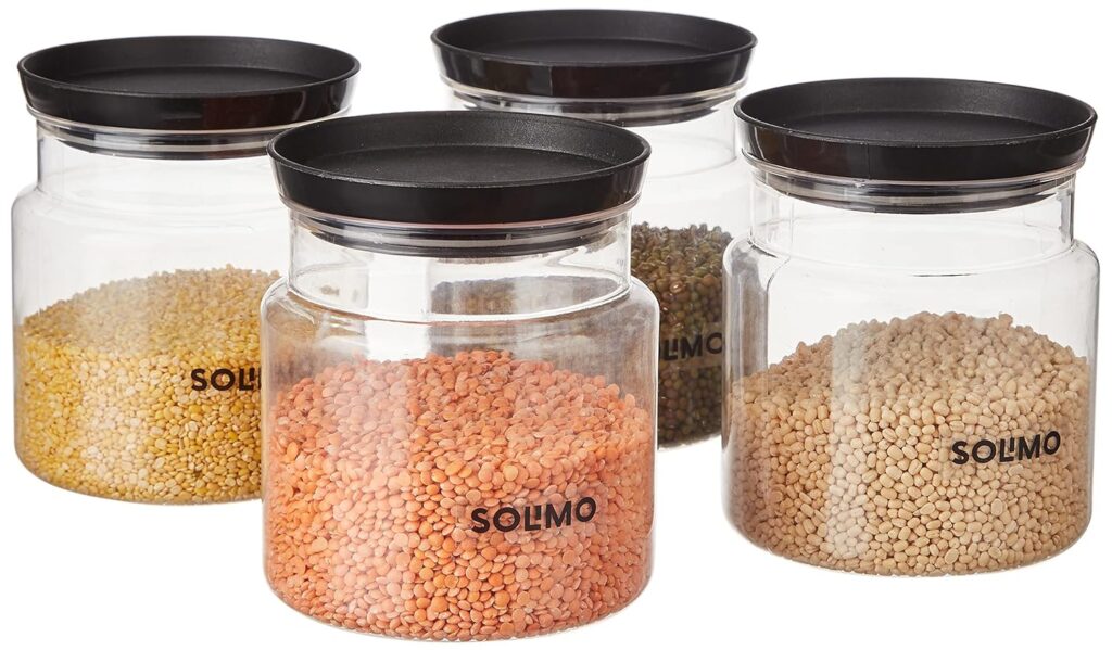 Amazon Brand – Solimo Airtight Plastic Storage Jar Set, 4 Containers (1000ml), BPA Free, Black