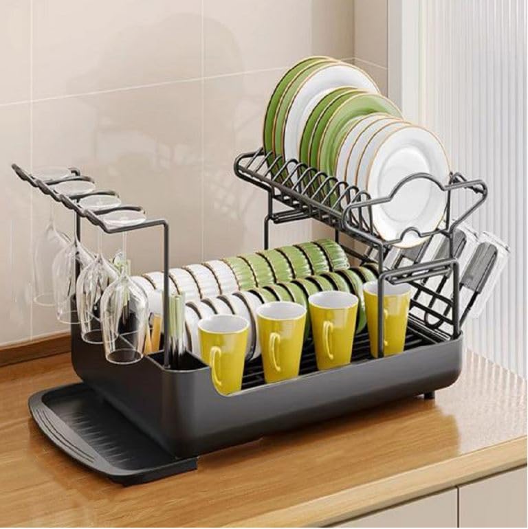 Arcanine Dish Drying Rack – Metal Dish Rack for Kitchen Counter, 2-Tier Kitchen Organizers and Storage Rack with Drainboard and Cutlery Holder,Wine Glass Holder (365 rack)