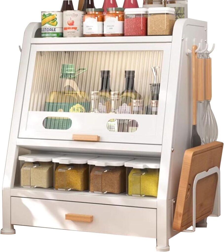 Arcanine Kitchen Cabinet Storage Rack, Standing Storage Drawer and Cabinet, Large Capacity, Multifunctional Spice Racks for the Kitchen for Worktop, Storage, Spices, Jars, Oil Bottles (WHITE CABINET)