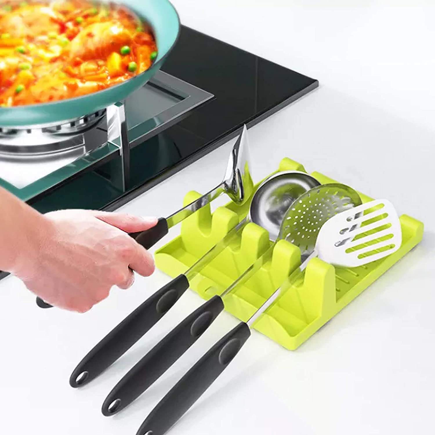 Black Olive 4-Slot Kitchen Cooking Utensil Stand-Multifunction Kitchen Cooking Utensil Plastic Stand Holder Pot Clips Support Spoon Stove Organizer Tool Pan Cover Lid Rack