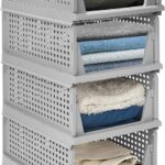 CLAPONE Foldable Wardrobe Organizer: Plastic Stackable Closet Self Storage Container – Rectangular Cupboard for Kitchen, Home, and Bathroom – Pack of 3 (Large, Grey)