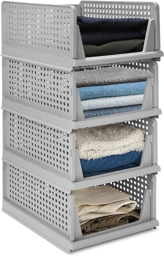 CLAPONE Foldable Wardrobe Organizer: Plastic Stackable Closet Self Storage Container – Rectangular Cupboard for Kitchen, Home, and Bathroom – Pack of 3 (Large, Grey)