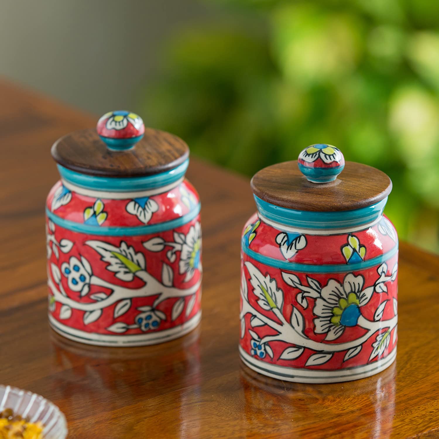 ExclusiveLane ‘Mughal’ Floral Handpainted Multi-Utility Storage Ceramic Jars & Containers with Wooden Lid for Kitchen Storage Snacks Jar (Set of 2, Airtight, 410 ML, 5.2 Inch), JAR: Red, LID: Brown