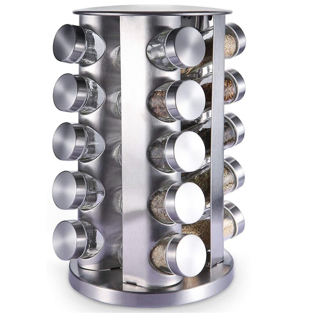 Feeling Mall Revolving Spice Tower | Round Spice Rack | Set Of 20 Spice Jars | Seasoning Storage Organization | Stainless Steel (?20 Jar Steel) – Countertop, Tiered Shelf