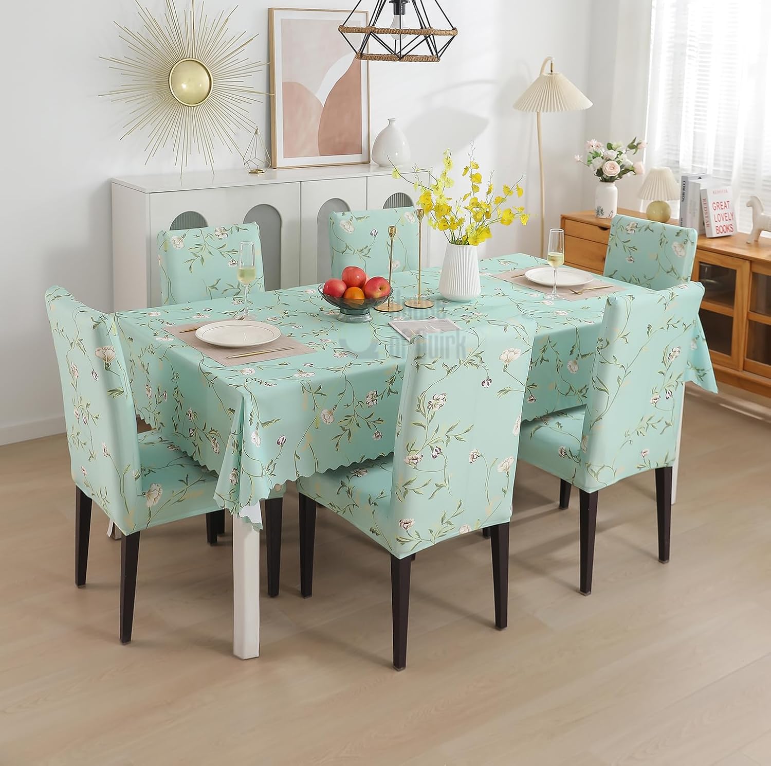 House of Quirk Dining Chair Cover with Table Covers for Kitchen Waterproof Dining Table Cloth (Green Autumn, 1 Table Cover + 6 Chair Cover)