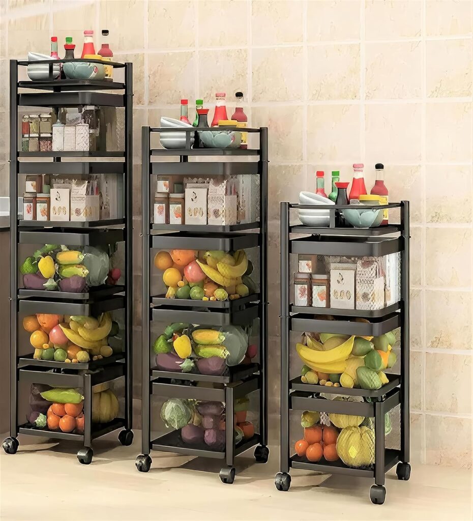 KWER Kitchen Trolley Square Onion Baskets for Storage Layer-3 Kitchen Accessories Items and Vegetable Basket for Kitchen Organizer Items and Storage Portable Kitchen Accessories with Wheels(Black)