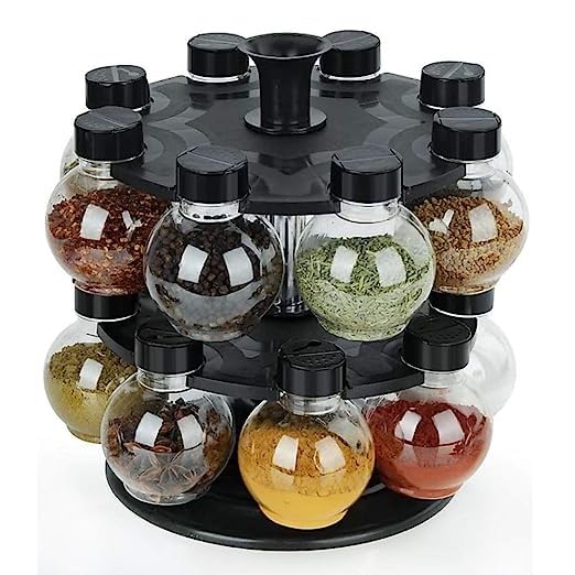 Khodiyar Enterprise 16 PC Spice Rack with Stand Multipurpose Revolving Spice Racks Containers for Kitchen Storage Rotating Masala Box