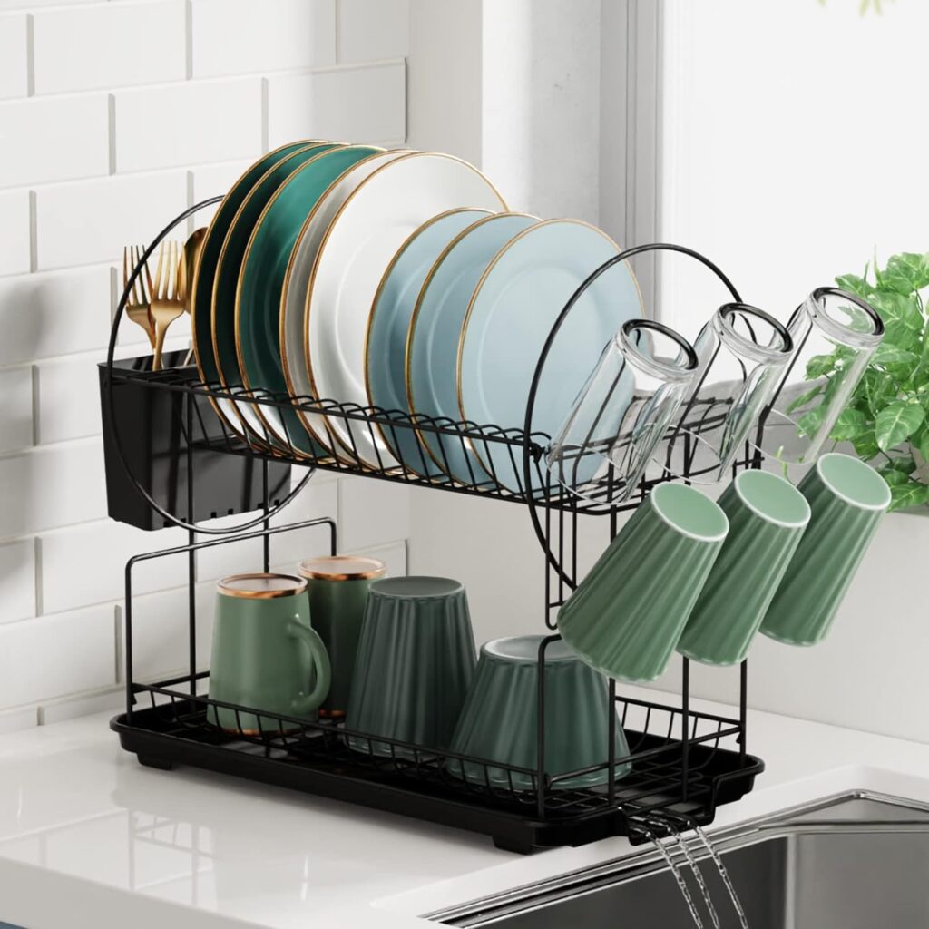 NYTRYD 2-Tier Dish Drying Rack, Space Saving Dish Dryer Rack with Drainboard,Space Saving Dish Strainer, Small Dish Racks for Kitchen Counter with Cutlery Basket,Cup Holder (339 rack)