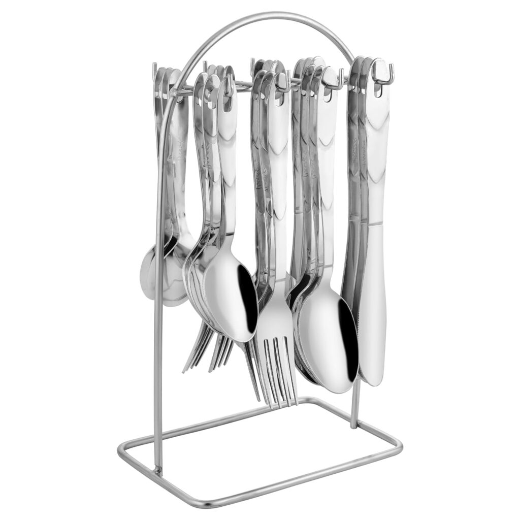 Parage 25 Pieces Glory Stainless Steel Cutlery Set for Home & Kitchen (Contains: 6 Table Spoons, 6 Forks, 6 Tea Spoons, 6 Knives, 1 Stand), Spoon Set, Cutlery Set for Dining Table Stylish, Silver