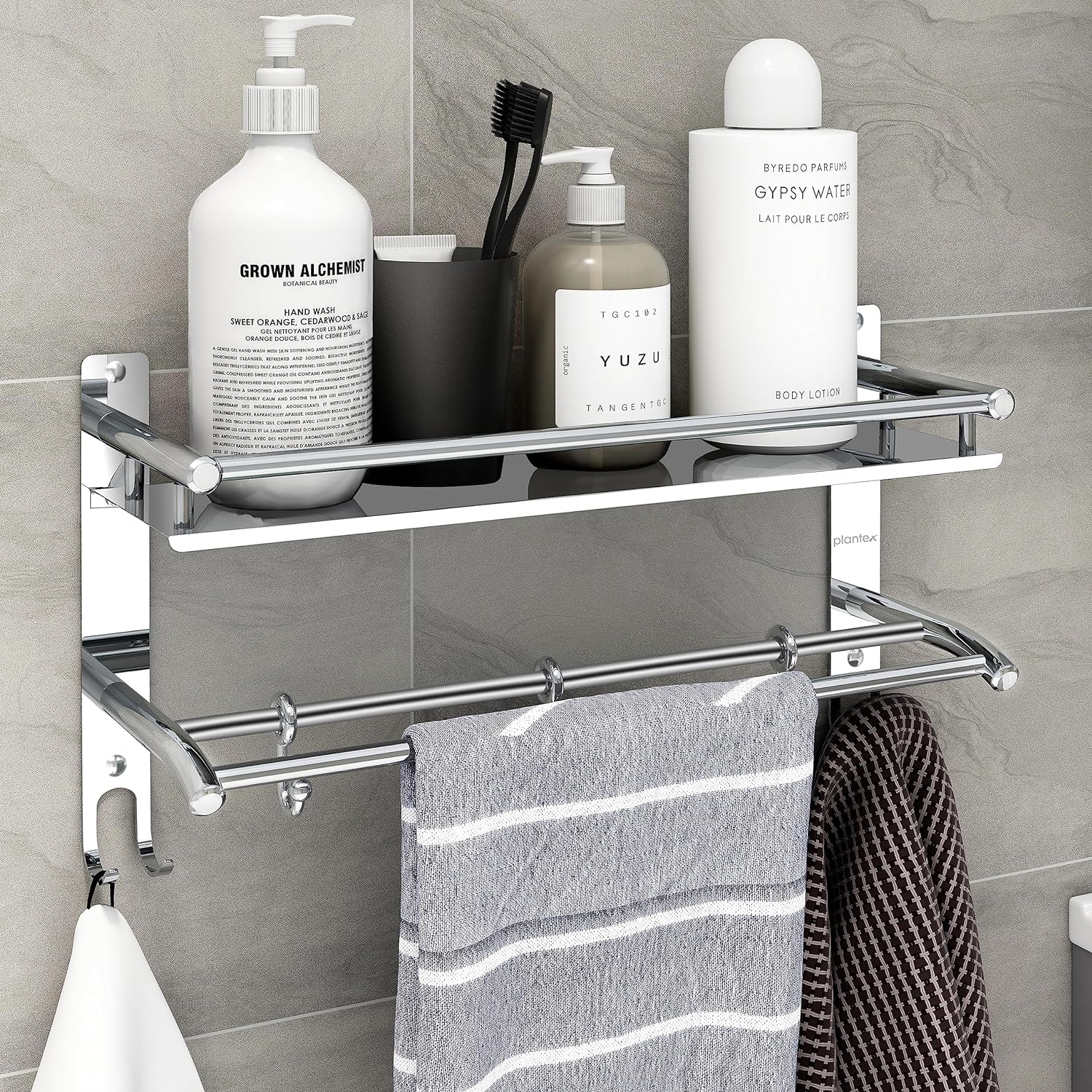 Plantex Bathroom Stand for Wall/Rack for Bathroom/Multipurpose Stainless Steel Bathroom Shelf with Hooks & Towel Holder/Bathroom Accessories (2-Tier, Chrome, Polished)