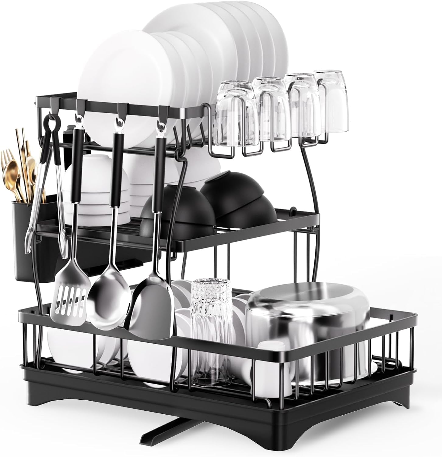 Prakal Dish Drying Rack, Detachable 3 Tier Dish Racks for Kitchen Counter with Pot Rack, Large Capacity Dish Drainer with Drainboard Organizer Shelf with Utensil Holder, Cup Rack(199 RACK)