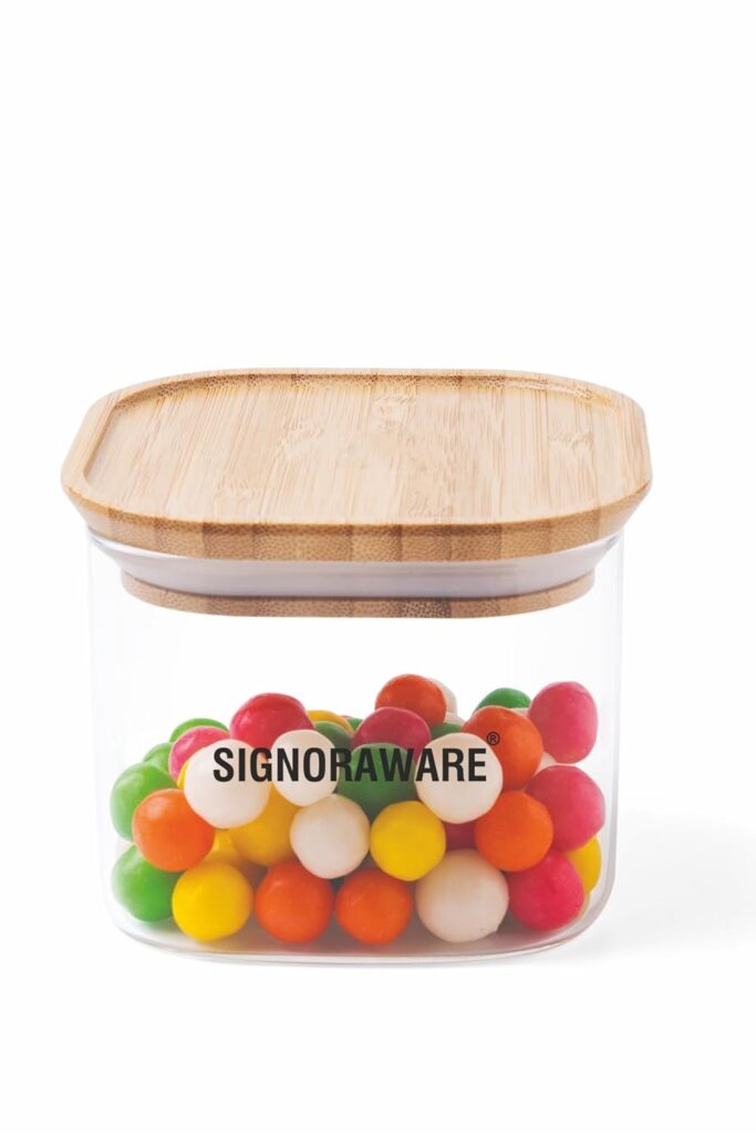 Signoraware Trison 150ml Square Stackable Brorosilicate Glass Jars & Containers With Bamboo lid/Airtight Lid/Wide Mouth Jar for Storage/Bowl is Microwave Freezer Safe without Lid (150ml,Food Grade)