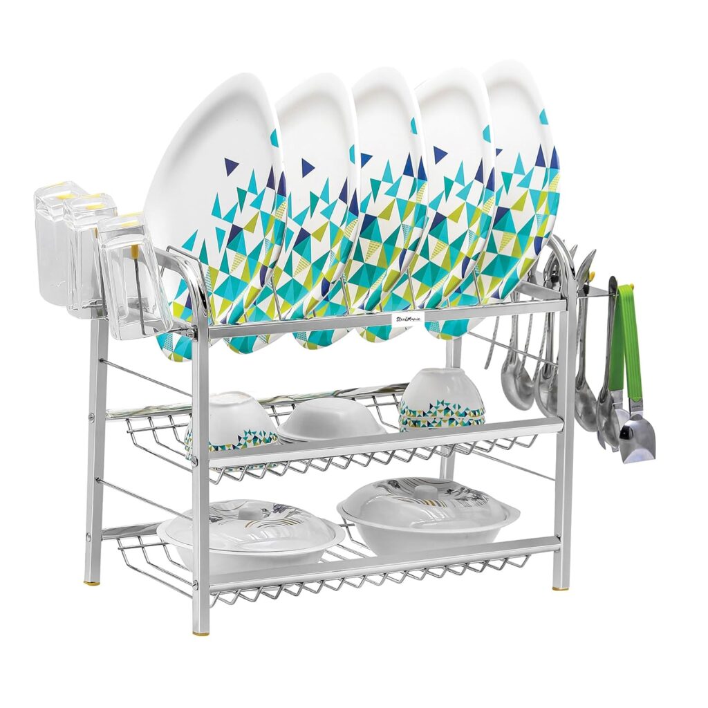 SteelManic 3 Layers Shelf Utensil Stand for Kitchen – Wall Mount Stainless Steel Dish Storage Rack for Plates, Cups, Glass, Bowls, Cutlery Organizer (Opal, 15 x 18 Inch)