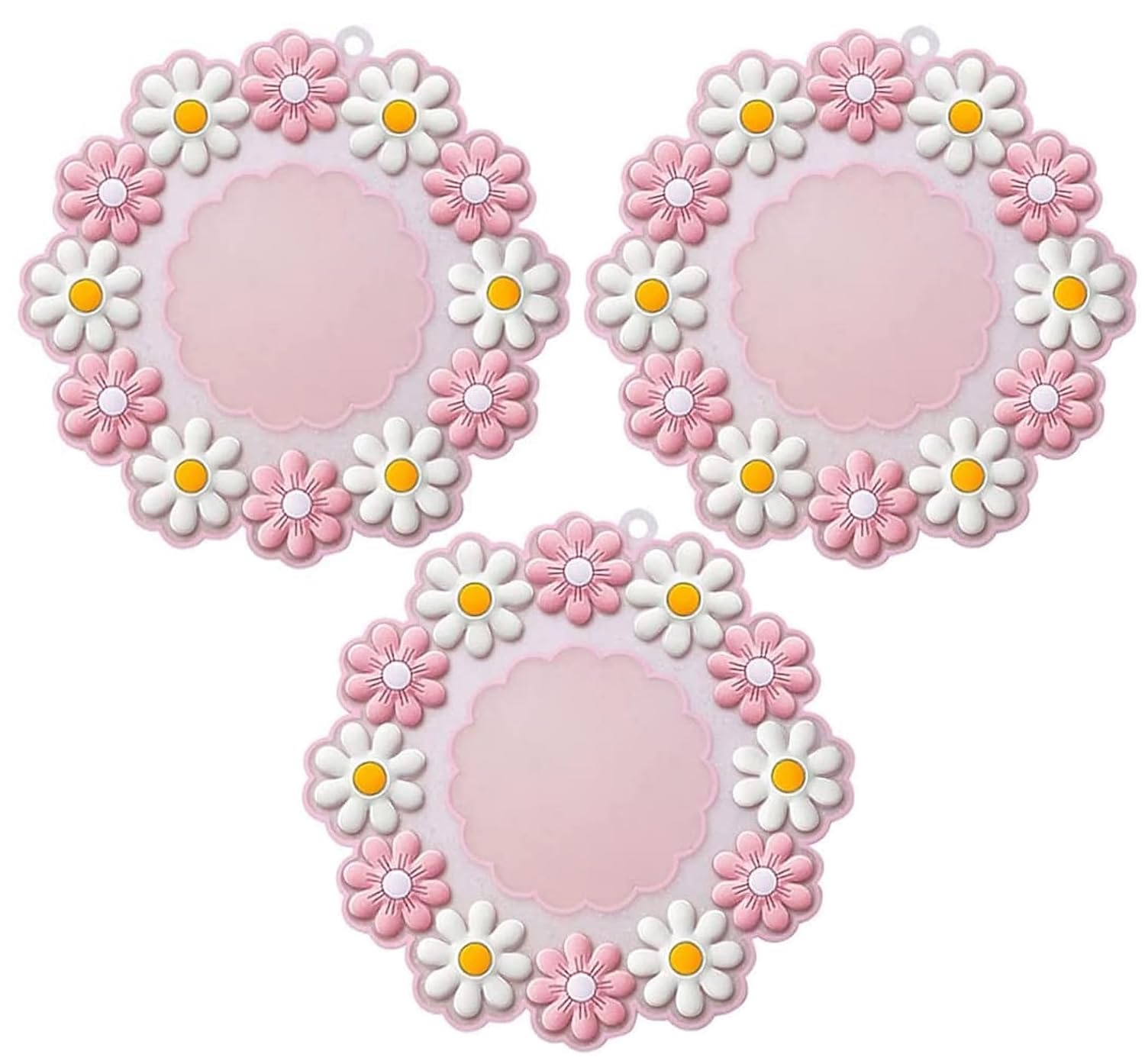 Turbid Set of 3 Medium 15*15 CM Pink Silicone Coasters for Dining Table for Hot Pots, Round Daisy Flower Design, Non-Slip, Heat Resistant Trivet Mats, Dining Table Pads for Pots, Bowls, Dishes & Drink