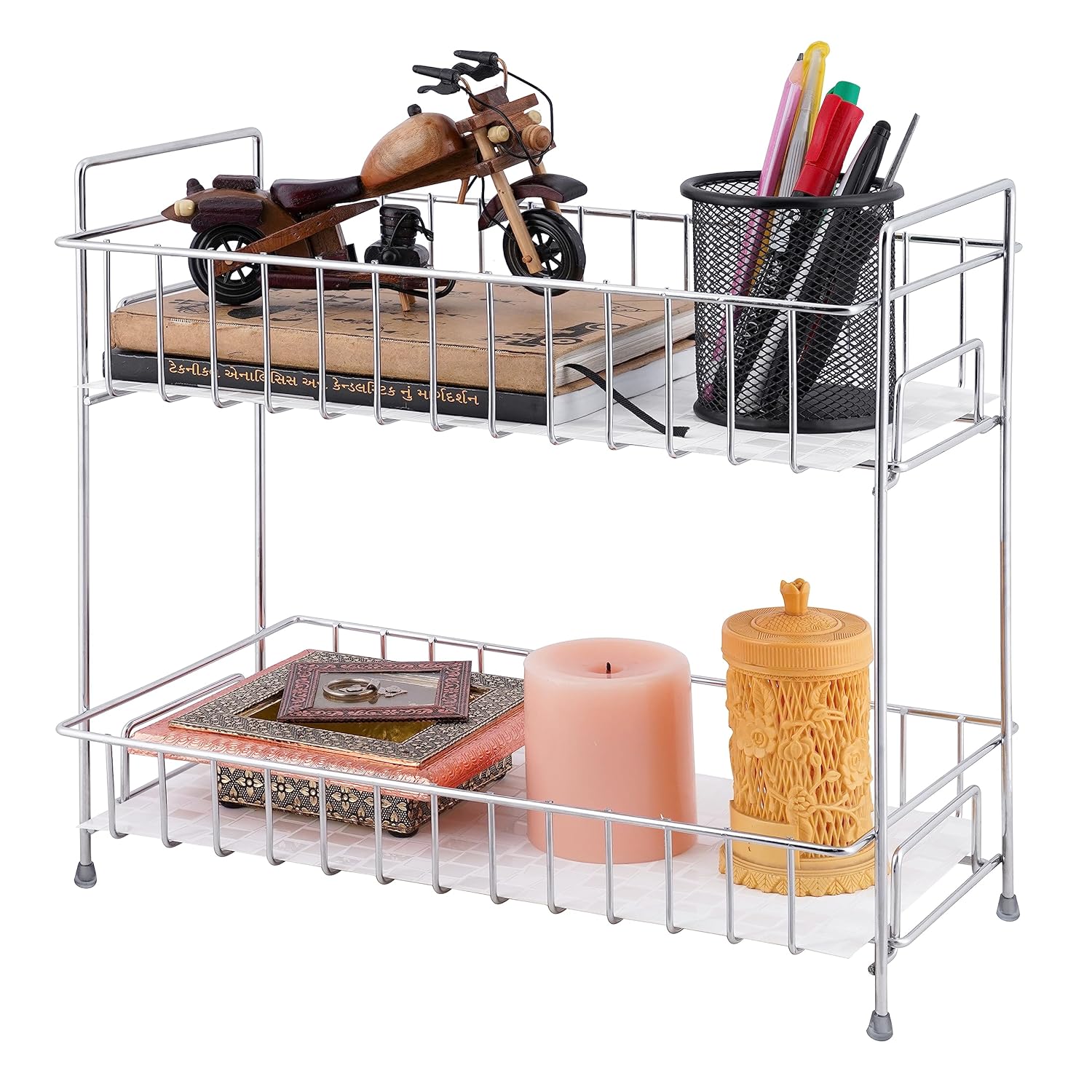 URBANMONK Stainless Steel Rack for Kitchen | 2-Tyre Kitchen Spice Rack | Multipurpose Fordable Kitchen organizer| Kitchen Counter Top Organizer | Size:37x33x20 cm | Silver