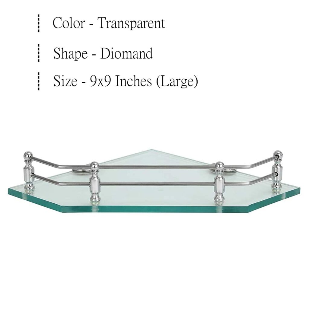 USF Glass Shelf for Bathroom, Corner Storage Shelf for Soap Shampoo Face Wash, Wall Mounted Corner Rack, Multipurpose Corner Glass Shelves (9X9 Inch, Pack of 3) Transparent Diamond