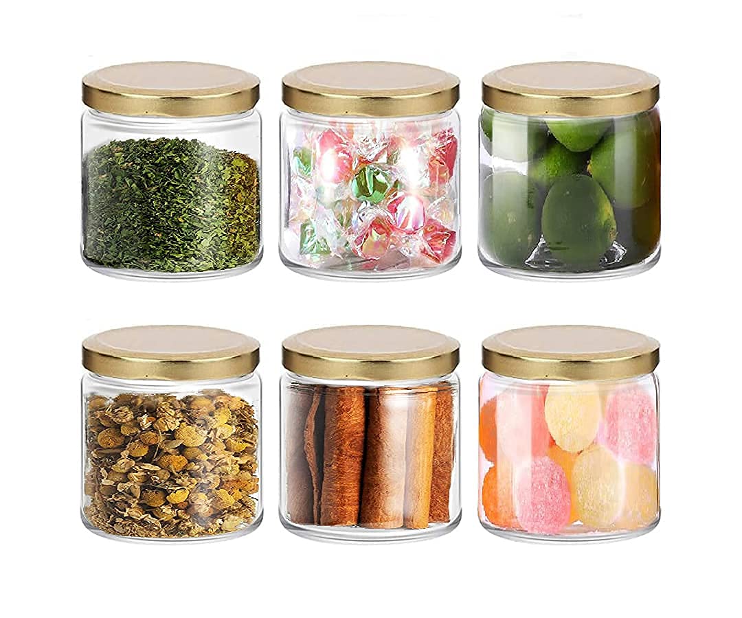 VISMII Salsa Glass Jar With Golden Lid Small Glass Storage Container With Air Tight Cap For Masala Cookies Spices Dry Fruits Cakes Jam Pickle Tea Coffee Chutney Clear Glass Jar – 200 Ml, Pack Of 6.