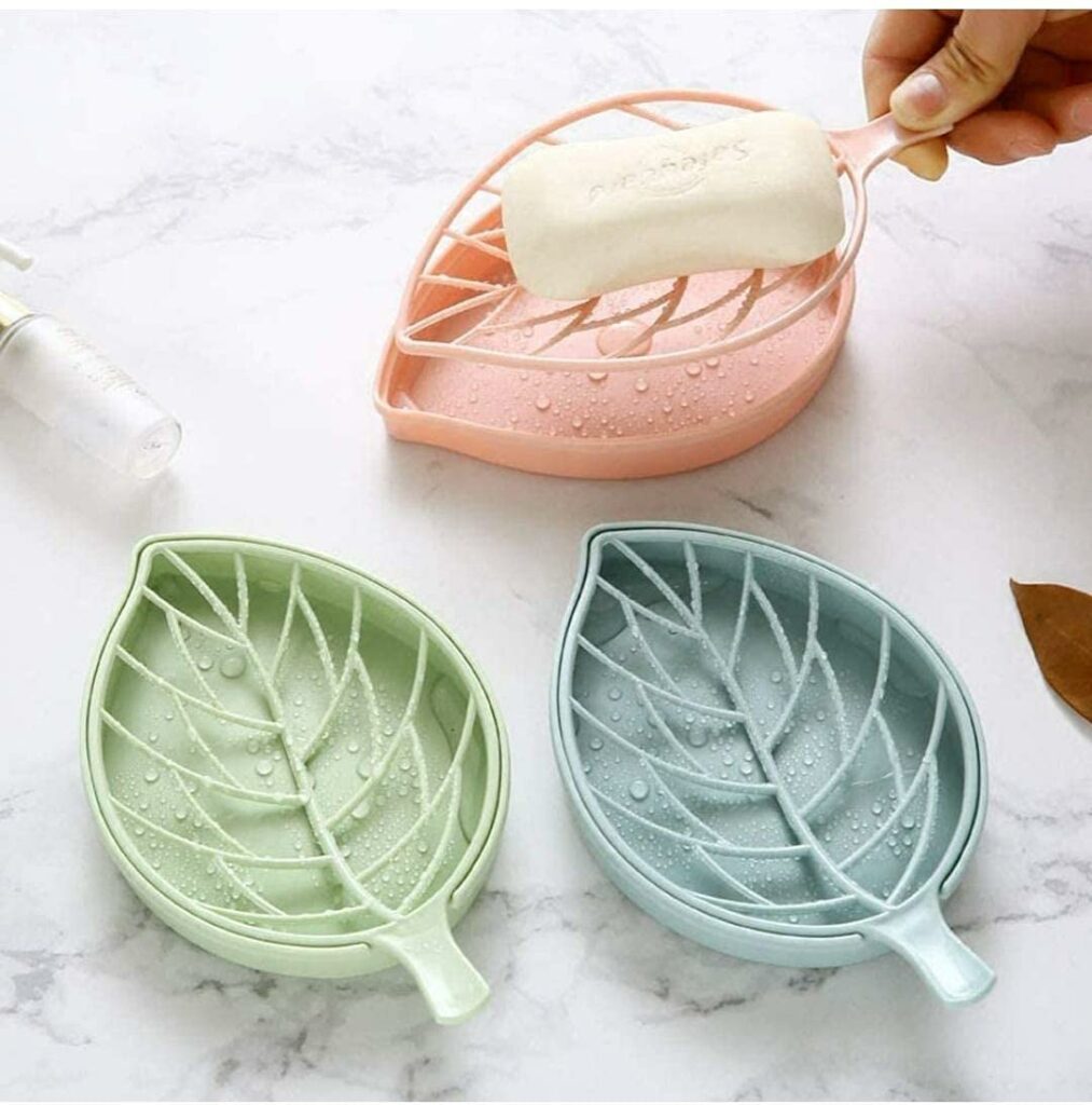 iSTAR Plastic 3Pcs Beautiful Leaf Shape Double Layer Soap Dish Case Holder Bathroom Accessories (Soap Dish – Set of 3) (Pink, Blue, Green)