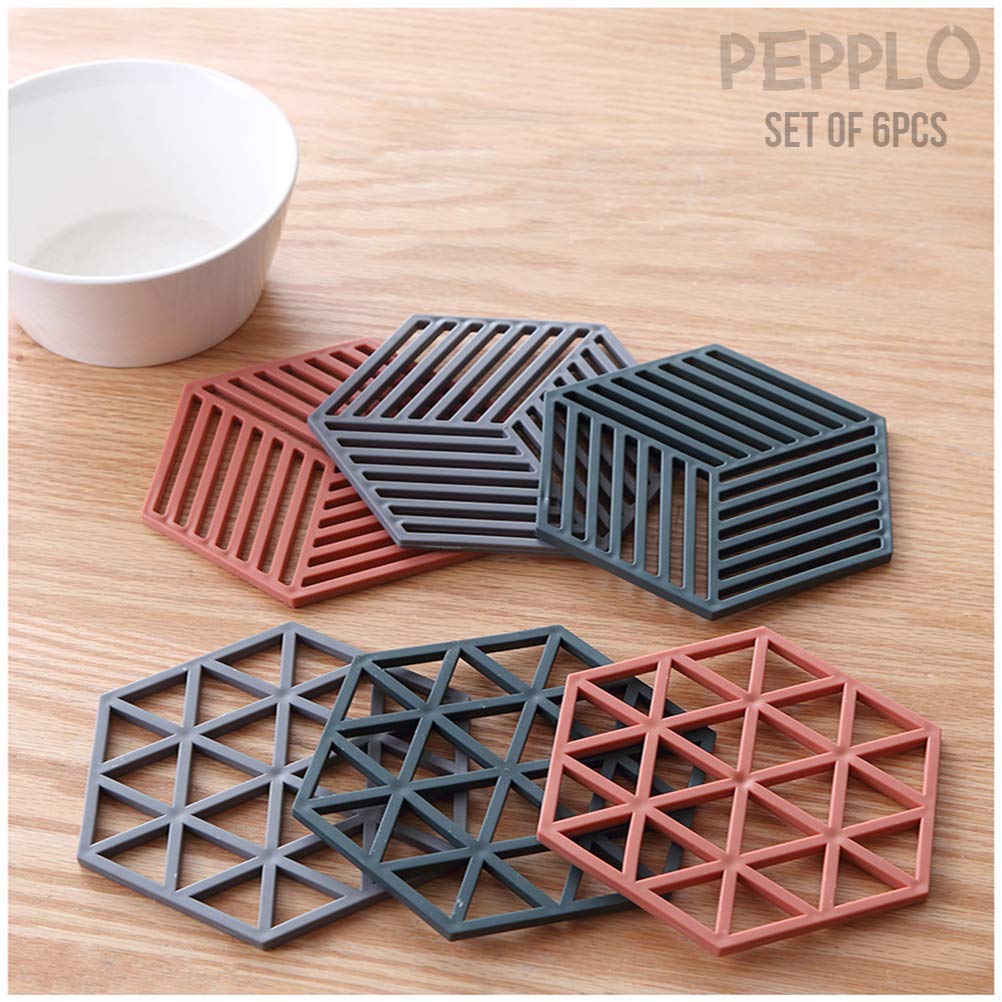 pepplo Trivet Mats,6 Pack Silicone Table Mats Heat Resistant Hot Pans Non-Slip Pot Holders Placemat for Bowl Dishes Kitchen Cooking Dining – Triangle & Line Mix